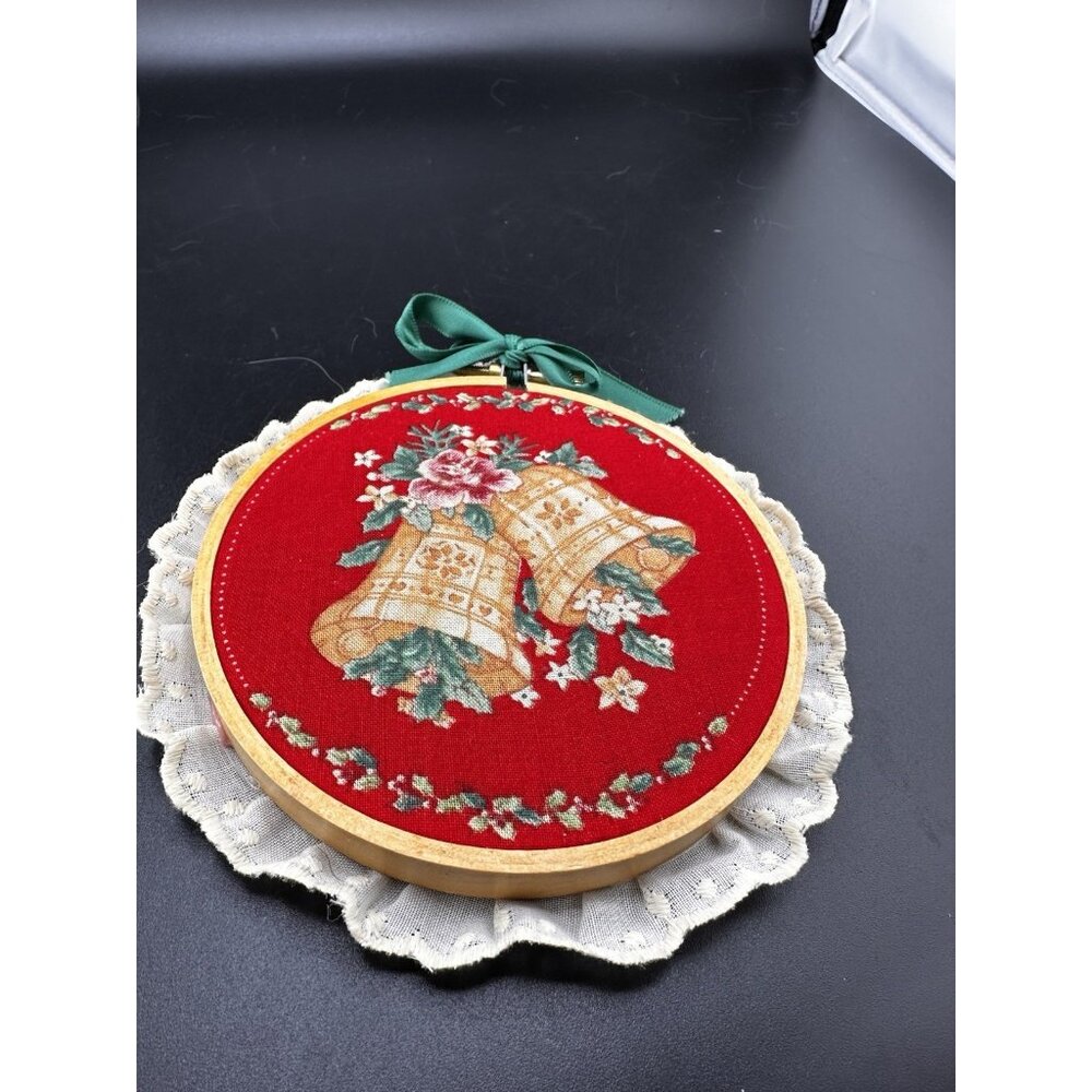 Handmade Christmas Ornament Wood Hoop Eyelet Lace Victorian Golden Bells Red Vtg